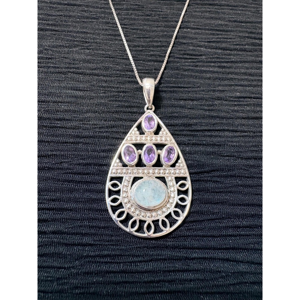 Heavy Vintage Sterling Silver Teardrop Filigree Boho Pendant Necklace, Moonstone